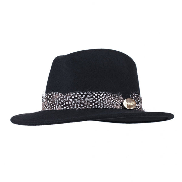 The Suffolk Fedora in Black (Guinea Feather Wrap)