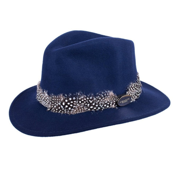 The Suffolk Fedora in Navy (Guinea Feather Wrap)