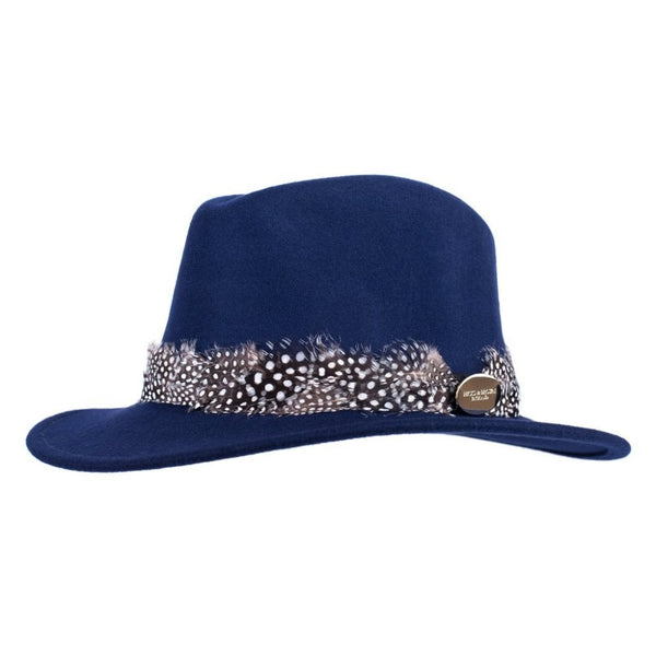 The Suffolk Fedora in Navy (Guinea Feather Wrap)