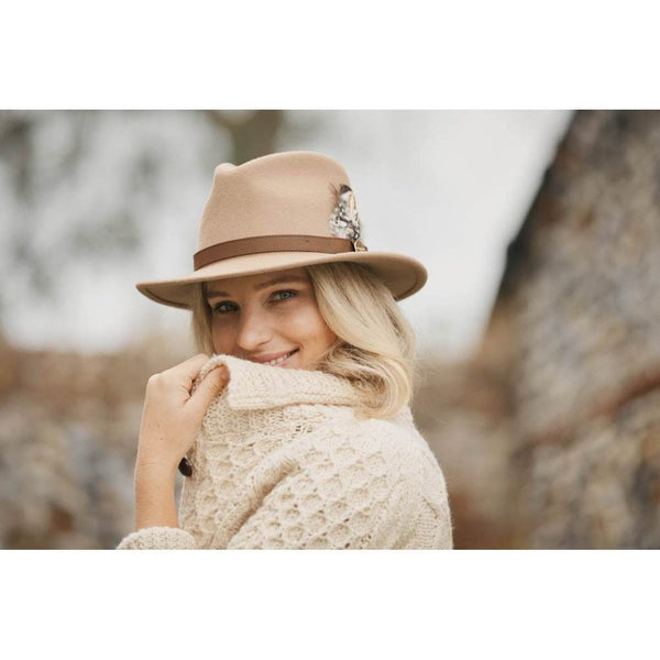 The Suffolk Fedora in Camel (Guinea & Pheasant Feather)