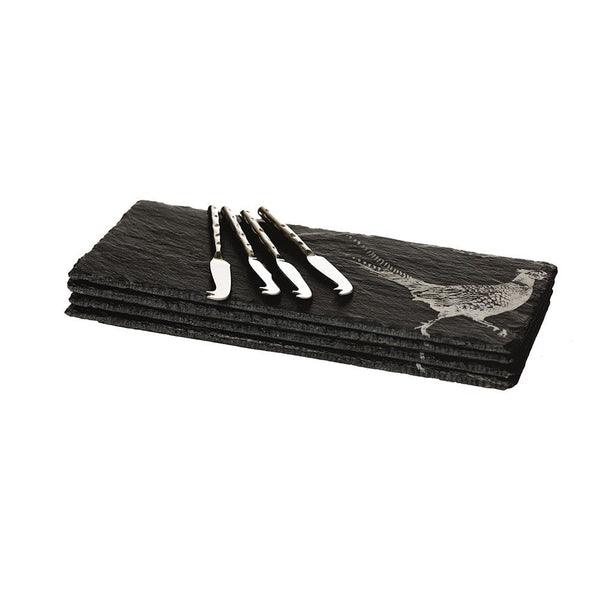 4 Mini Pheasant Slate Cheese Board & Knife Set