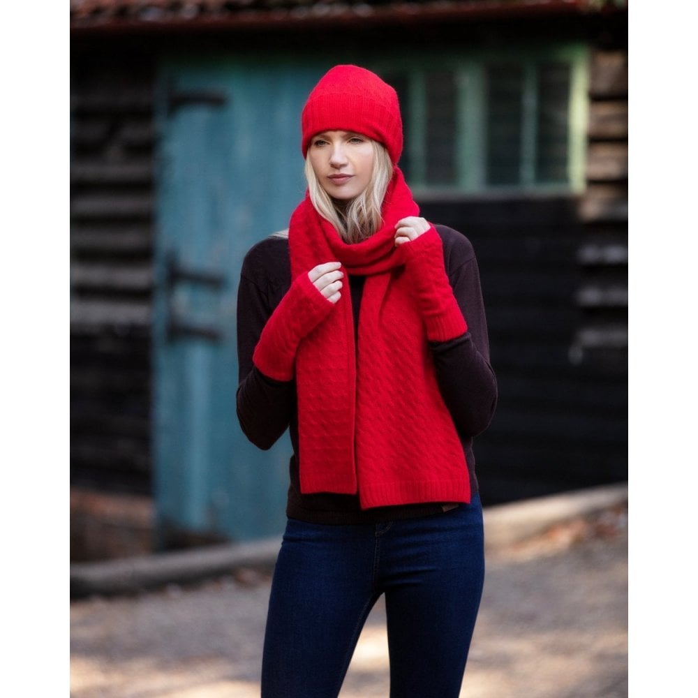 Ladies Cashmere Cable Wrist Warmers - Crimson