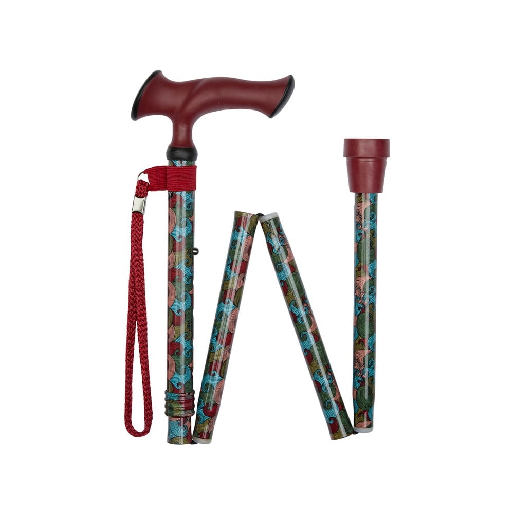 Folding Stick with Ergonomic Gel-Handle in Red Waves Pattern