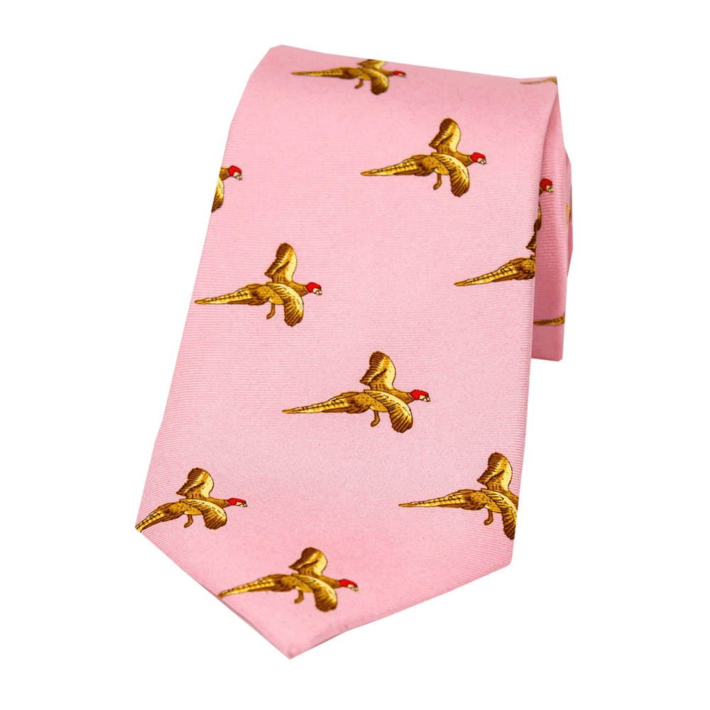 Flying Pheasants Silk Tie -Pink