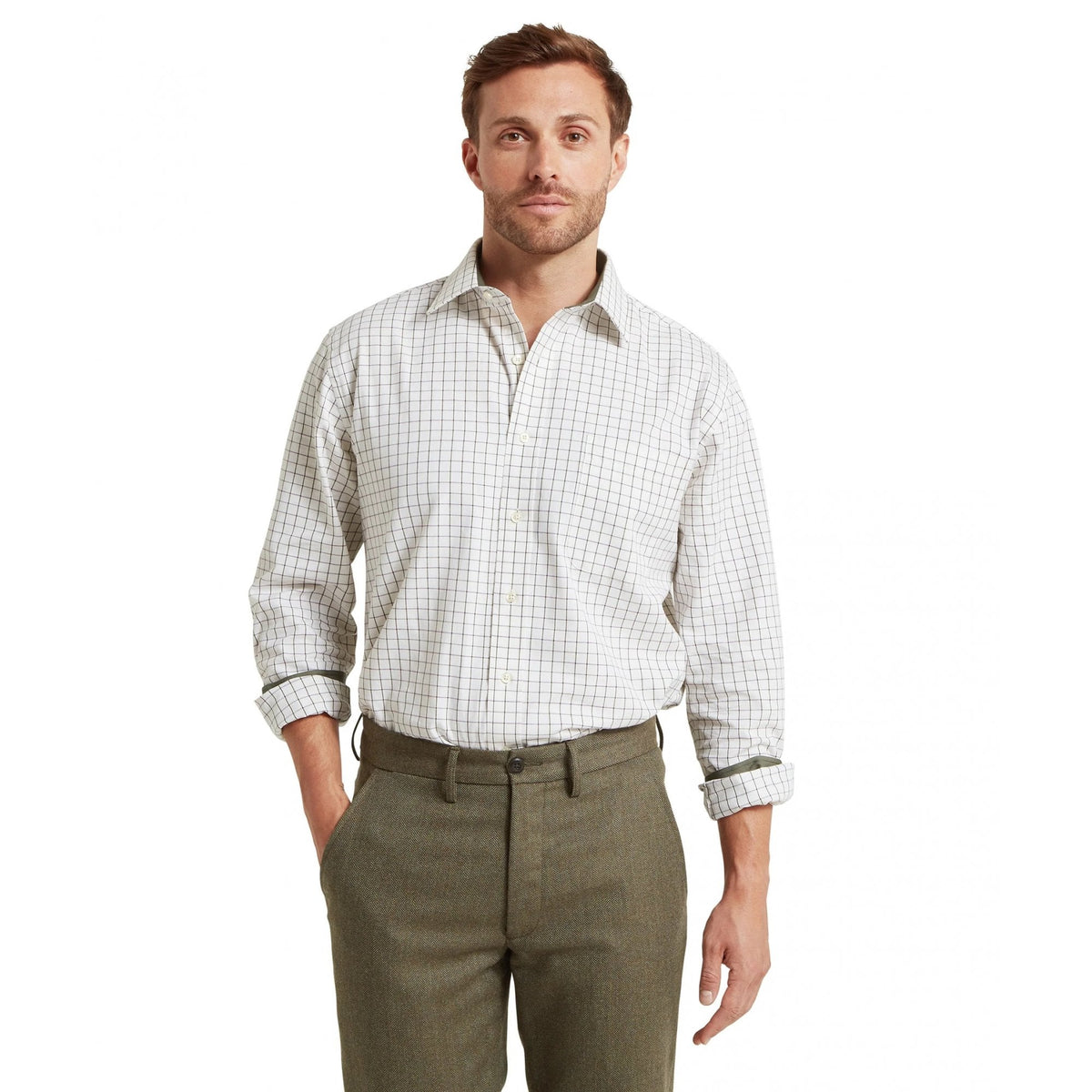 Burnham Tattersall Classic Shirt   - Dark Olive Tattersall