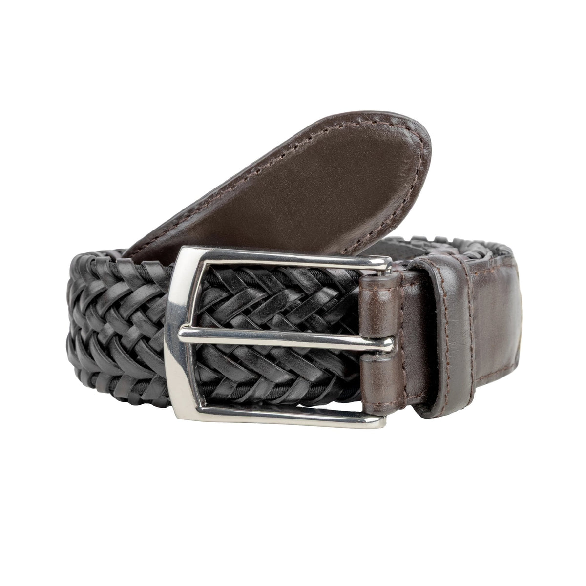 Men's Woven Leather Belt with Satin Nickel Buckle - Black/Brown