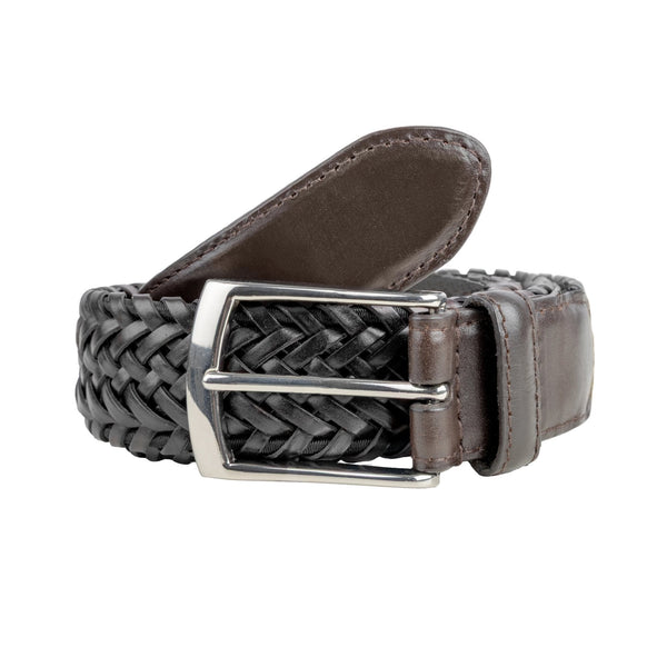 Men's Woven Leather Belt with Satin Nickel Buckle - Black/Brown