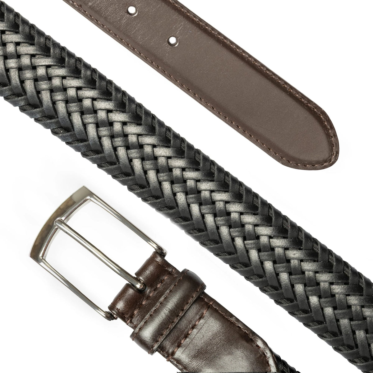 Men's Woven Leather Belt with Satin Nickel Buckle - Black/Brown