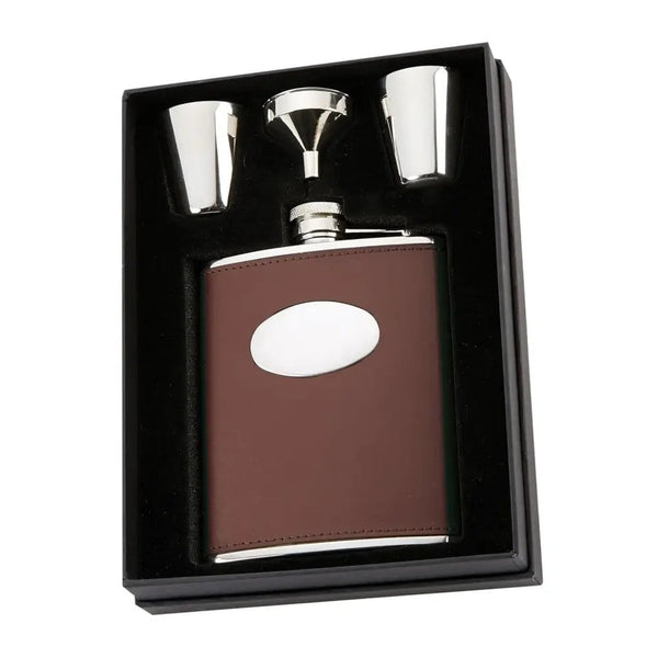 Leather 6oz Hip Flask Presentation Set